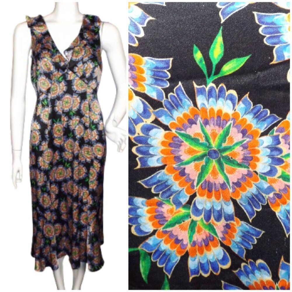 SALONI Dress, US8, Silk, Bold Abstract Floral, Midi, Ruffle Neckline, Sleeveless